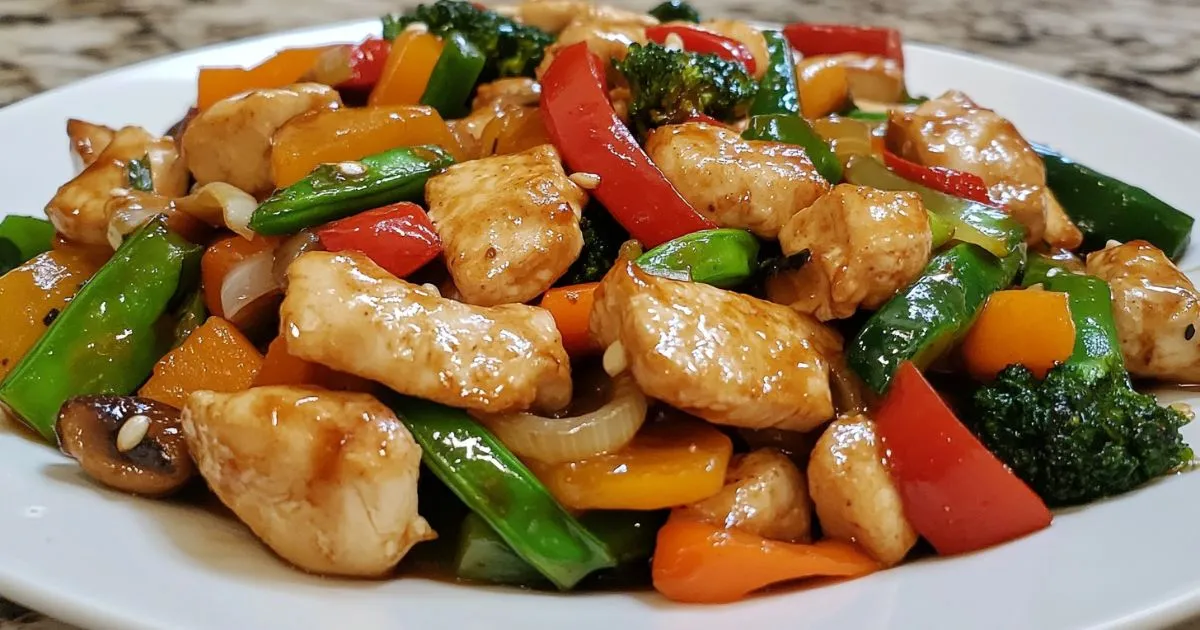 Stir fry with vibrant vegetables and tender chicken served in a wok.