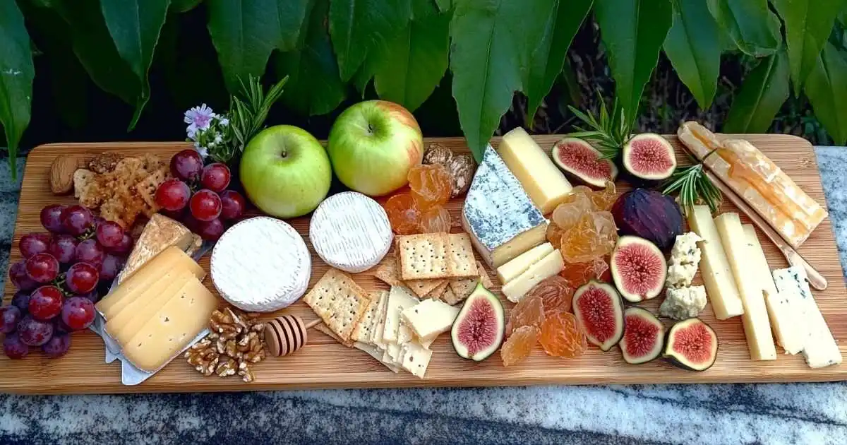 A cheese and fruit platter featuring an assortment of cheeses, fresh fruits like grapes and berries, nuts, and crackers, arranged on a wooden board.