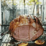 A golden-brown ham fresh out of the oven, being brushed with a glossy glaze for a shiny, caramelized finish.