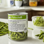 A side-by-side comparison of fresh green beans and canned green beans on a wooden cutting board, highlighting their textures and colors for casserole preparation.