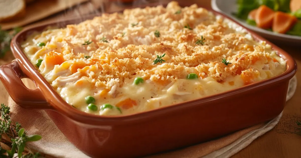 A hearty turkey casserole served in a ceramic baking dish, topped with golden breadcrumbs and garnished with fresh parsley. The dish is surrounded by ingredients like turkey, vegetables, and grains on a rustic wooden table.