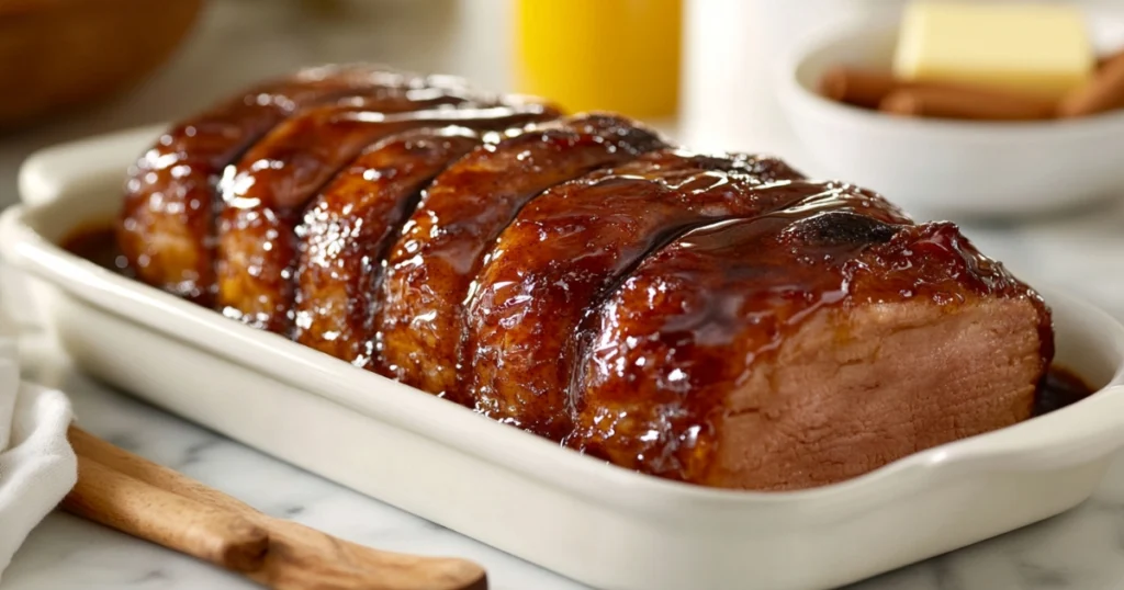 A saucepan filled with glossy brown sugar glaze, freshly prepared, with a wooden spoon stirring the caramel-like mixture. Surrounding the pan are ingredients like brown sugar, butter, and cinnamon sticks on a rustic wooden countertop.