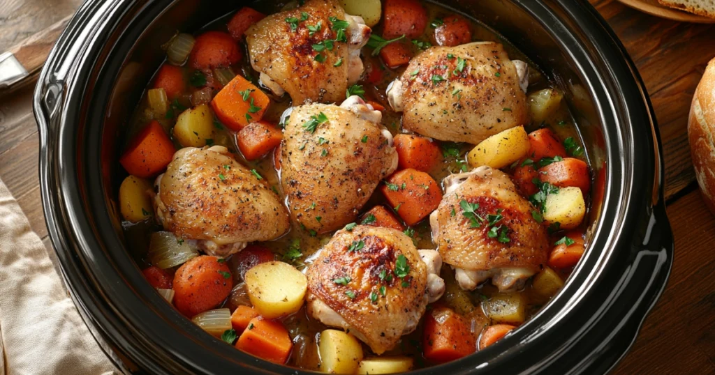 A slow cooker filled with raw chicken pieces, chopped carrots, potatoes, onions, and herbs, ready to be cooked. The layered ingredients are seasoned with spices and surrounded by a small amount of broth.