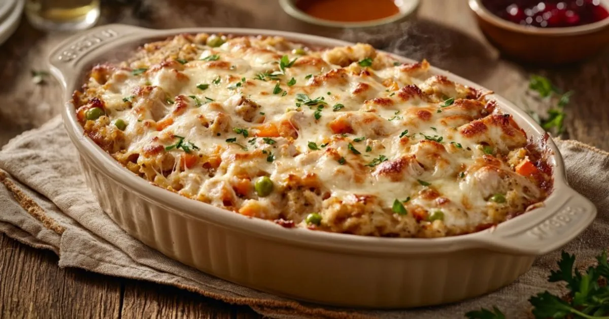 A golden-brown turkey casserole with stuffing, topped with melted cheese and garnished with fresh parsley, served in a ceramic baking dish alongside a spoon and a side of cranberries.