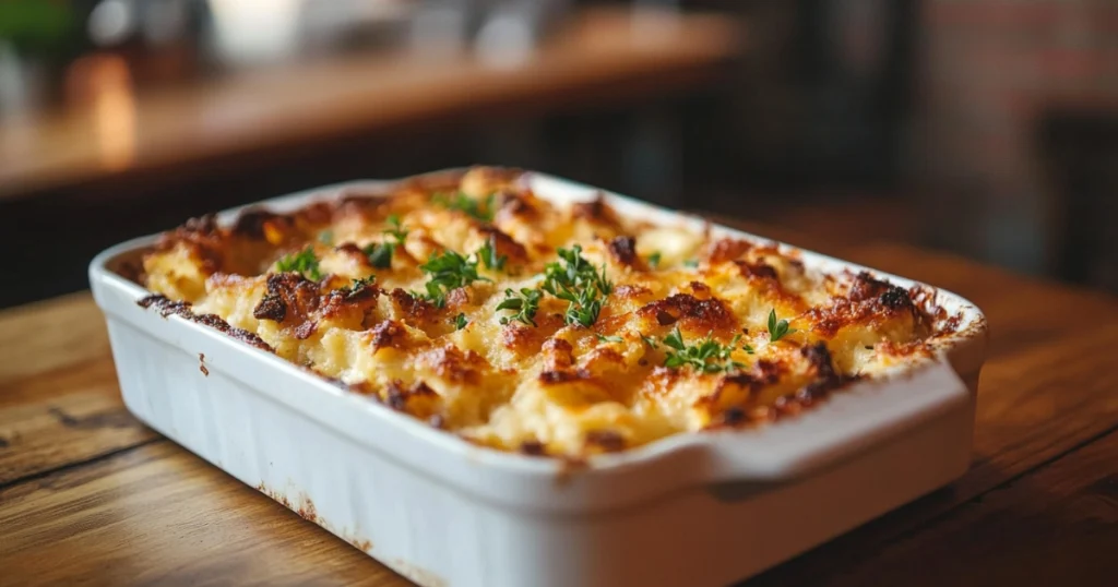 A close-up of a golden, crispy, oven-baked stuffing in a casserole dish, garnished with fresh herbs like parsley and thyme, surrounded by holiday table decor.