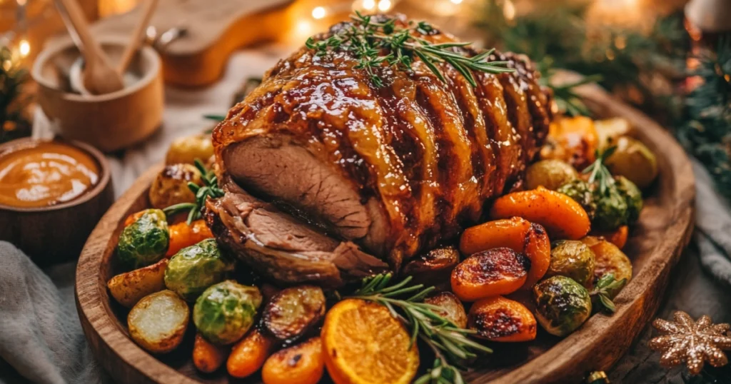 A honey-baked roast with a caramelized glaze, garnished with fresh rosemary and orange slices, presented on a platter surrounded by roasted vegetables.