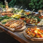 A close-up of a pellet grill with smoked salmon, sausages, and vegetables, emitting thin, clean smoke, set against an outdoor background.