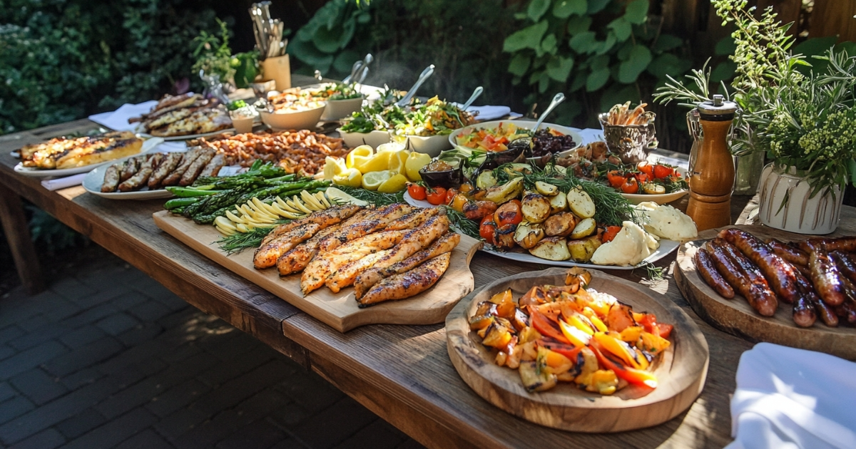 A close-up of a pellet grill with smoked salmon, sausages, and vegetables, emitting thin, clean smoke, set against an outdoor background.