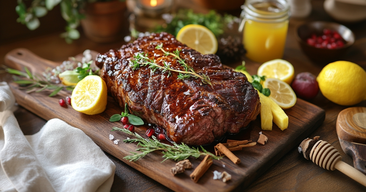 A close-up of a glossy beef glaze, thickened and caramelized, coating a cut of beef garnished with fresh herbs. The glaze reflects a vibrant golden-brown hue, suggesting a rich and flavorful sauce.