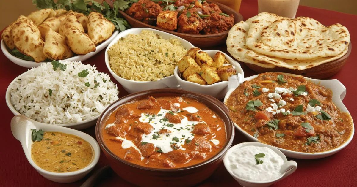 An inviting spread of Indian dinner dishes including butter chicken, naan, dal makhani, and vegetable pulao on a wooden table.