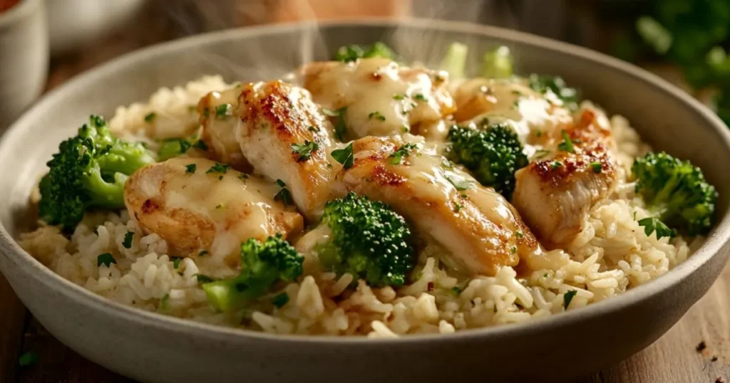 A comforting bowl of crockpot chicken and rice with vibrant broccoli florets, tender shredded chicken, and fluffy rice, garnished with fresh parsley.