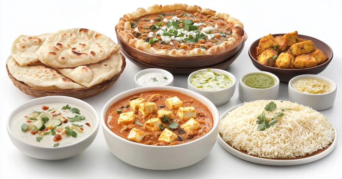 A colorful plate of Indian vegetarian dishes, including creamy paneer butter masala, fluffy naan bread, and a side of vibrant jeera rice garnished with fresh coriander.