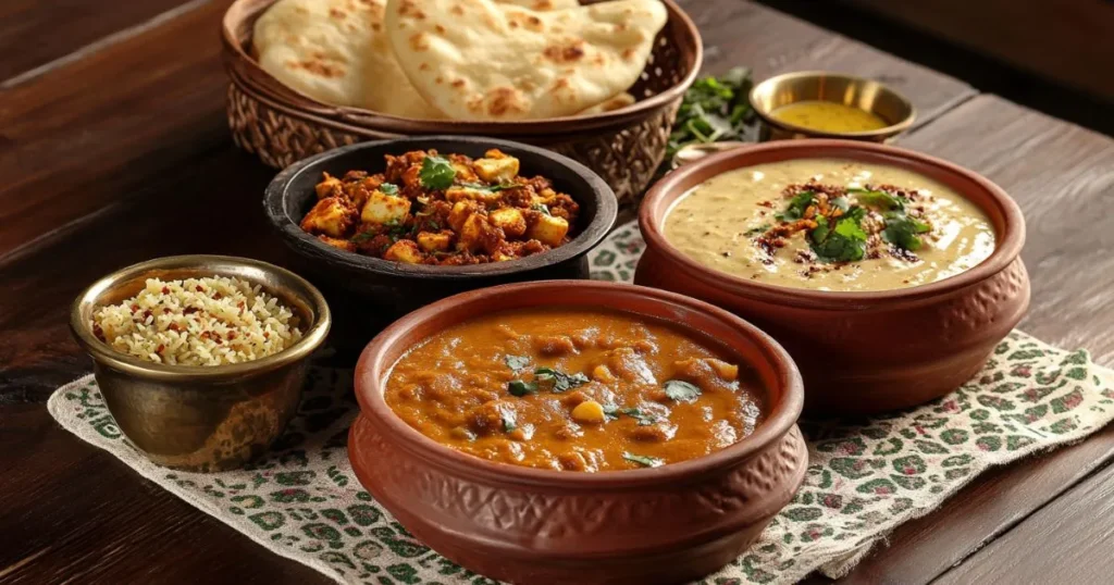 A vibrant spread of popular vegetarian Indian dishes, including creamy paneer butter masala, spiced chole with bhature, aromatic vegetable biryani, and fluffy dhokla garnished with fresh coriander.