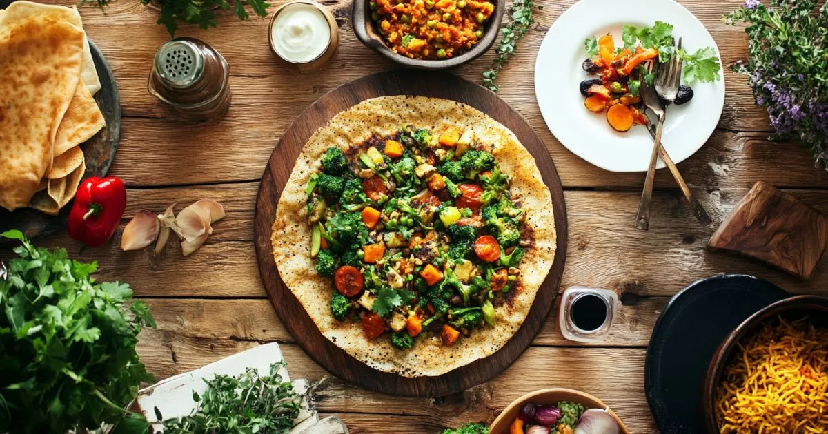 A diverse selection of vegetarian dishes, including a vibrant Buddha bowl with quinoa and roasted vegetables, a Margherita pizza topped with fresh basil, and a plate of aromatic vegetable biryani with cooling yogurt raita.