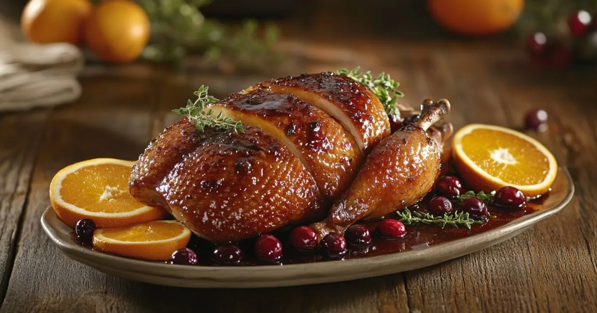 Roasted duck with orange and cranberry glaze, garnished with fresh fruit and herbs.