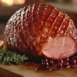 Close-up of a glazed turkey ham with a caramelized, glossy finish, garnished with fresh herbs and sliced citrus, served on a decorative platter.