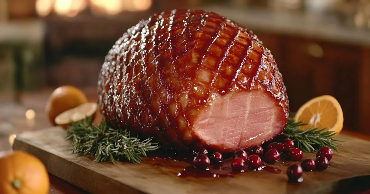 Close-up of a glazed turkey ham with a caramelized, glossy finish, garnished with fresh herbs and sliced citrus, served on a decorative platter.