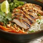 A vibrant bowl of chicken and rice noodle soup garnished with fresh herbs, lime wedges, and bean sprouts, showcasing aromatic broth and tender chicken pieces.