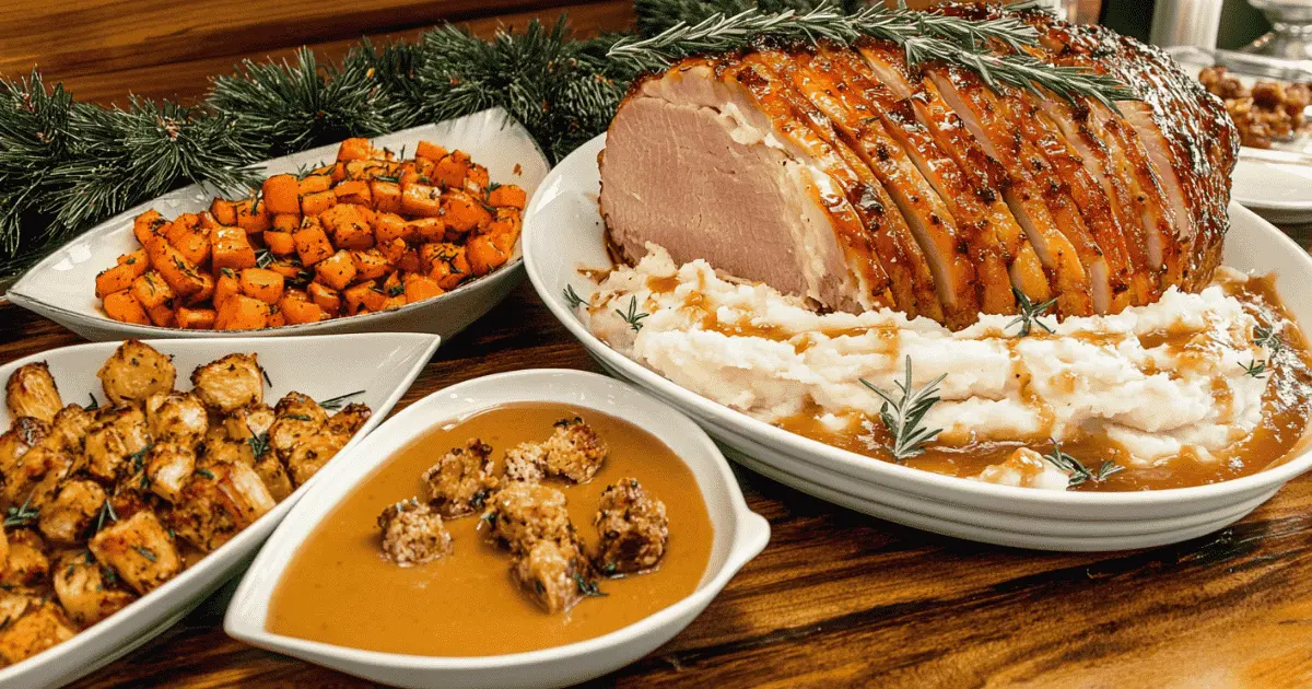 A partially baked ham being brushed with a shiny glaze, with a basting brush and a bowl of glaze nearby.