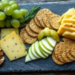 A cheese and cracker tray featuring an assortment of cheeses, crispy crackers, sliced fruits, and a small bowl of nuts, elegantly arranged on a serving board.