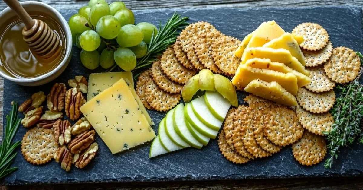 A cheese and cracker tray featuring an assortment of cheeses, crispy crackers, sliced fruits, and a small bowl of nuts, elegantly arranged on a serving board.