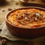 A golden-brown sweet potato casserole topped with toasted marshmallows and a pecan streusel, served in a decorative baking dish.