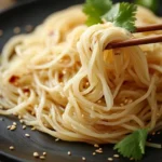 A close-up of freshly cooked rice noodles in a colander, rinsed under cold water to prevent sticking.