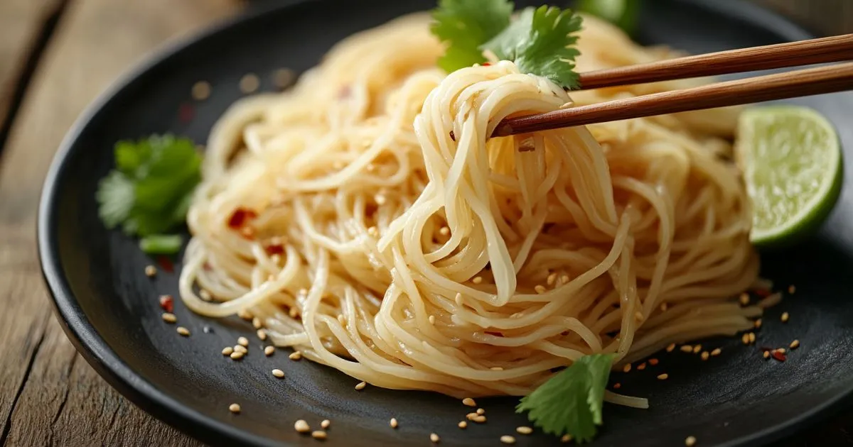 A close-up of freshly cooked rice noodles in a colander, rinsed under cold water to prevent sticking.