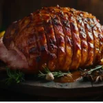 A golden-brown glazed ham with a caramelized crust, garnished with fresh herbs and pineapple slices, sitting on a festive serving platter.