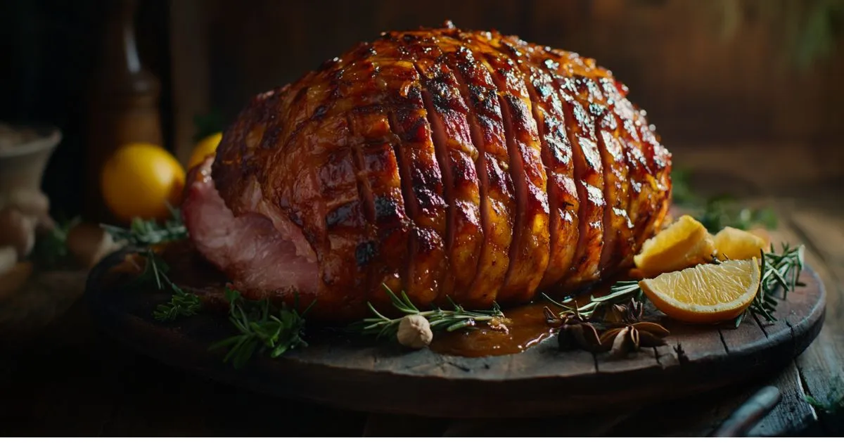 A golden-brown glazed ham with a caramelized crust, garnished with fresh herbs and pineapple slices, sitting on a festive serving platter.