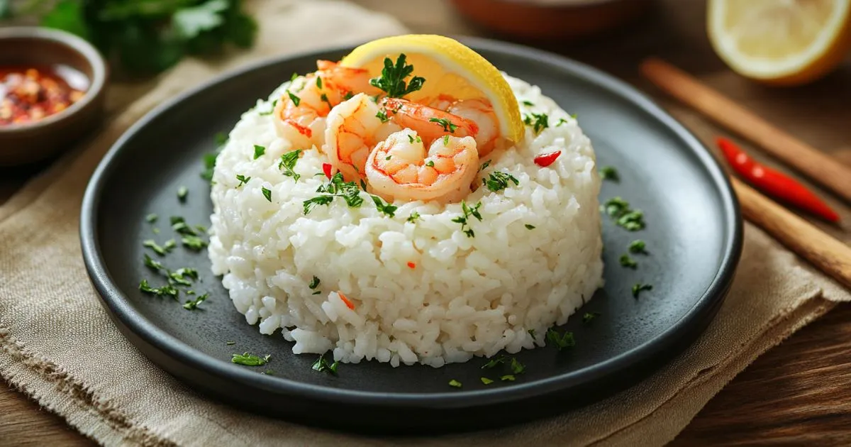 A close-up of a plated dish featuring steamed white rice paired with grilled shrimp, garnished with fresh parsley and a lemon wedge.