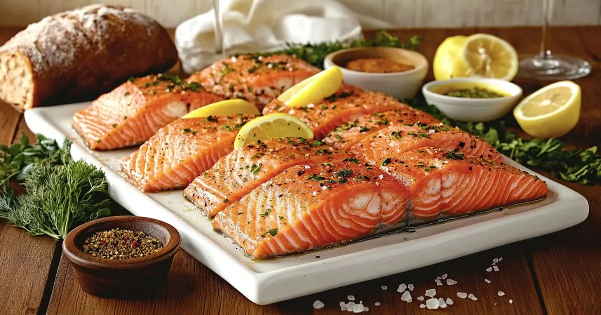 Freshly baked salmon fillet garnished with lemon slices, dill, and parsley on a white plate, with a side of roasted vegetables.