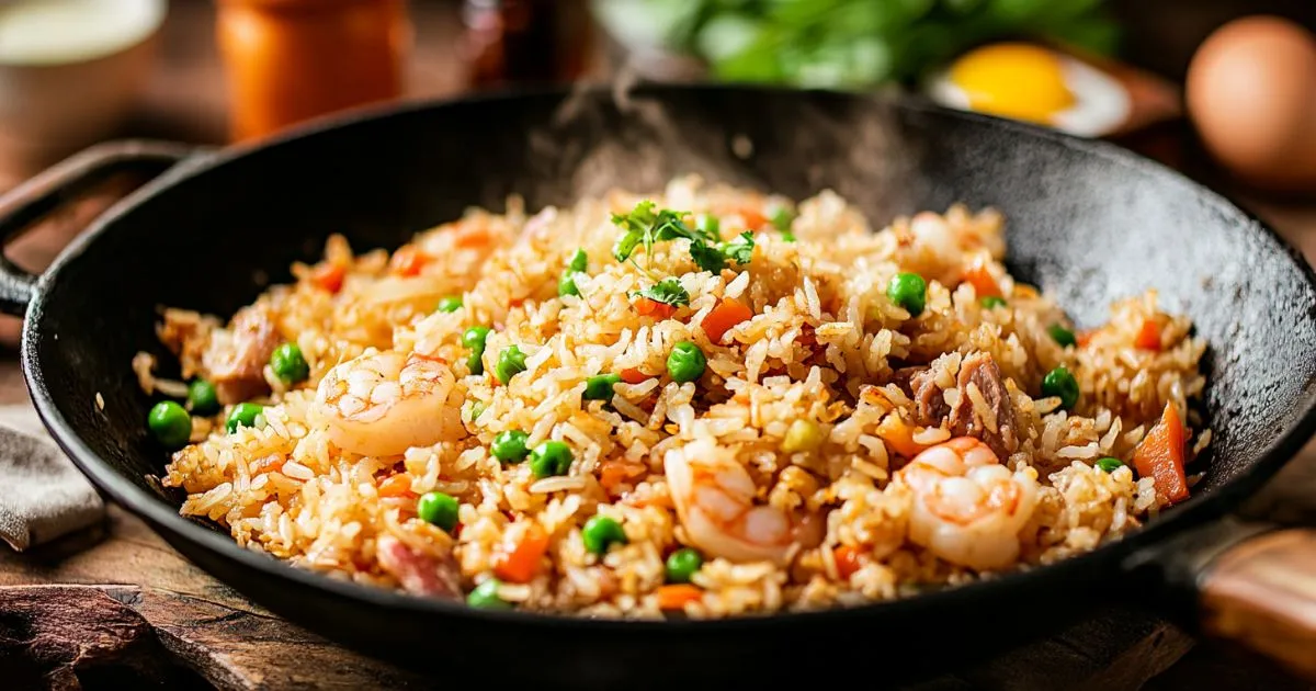 A steaming plate of authentic Chinese fried rice garnished with scallions, shrimp, and scrambled egg, served in a traditional wok.