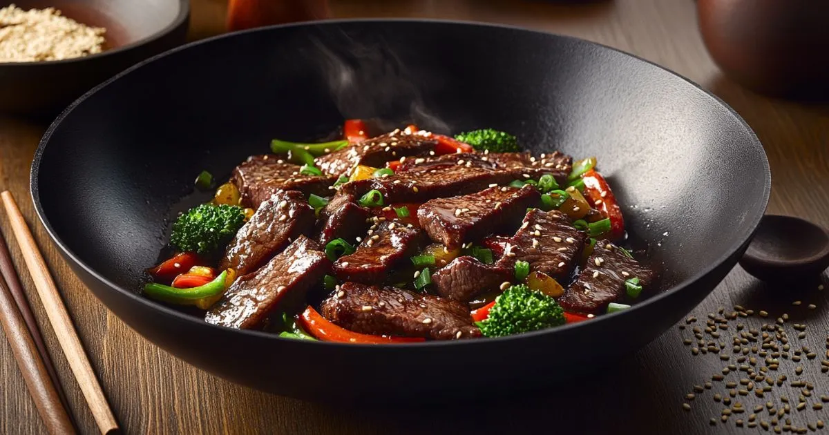 Close-up of a stir-fried beef dish in a wok, featuring tender beef slices, vibrant vegetables like bell peppers and broccoli, and a glossy sauce coating.