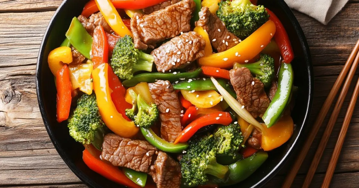 Thinly sliced beef being stir-fried in a hot wok with colorful vegetables like bell peppers and broccoli.