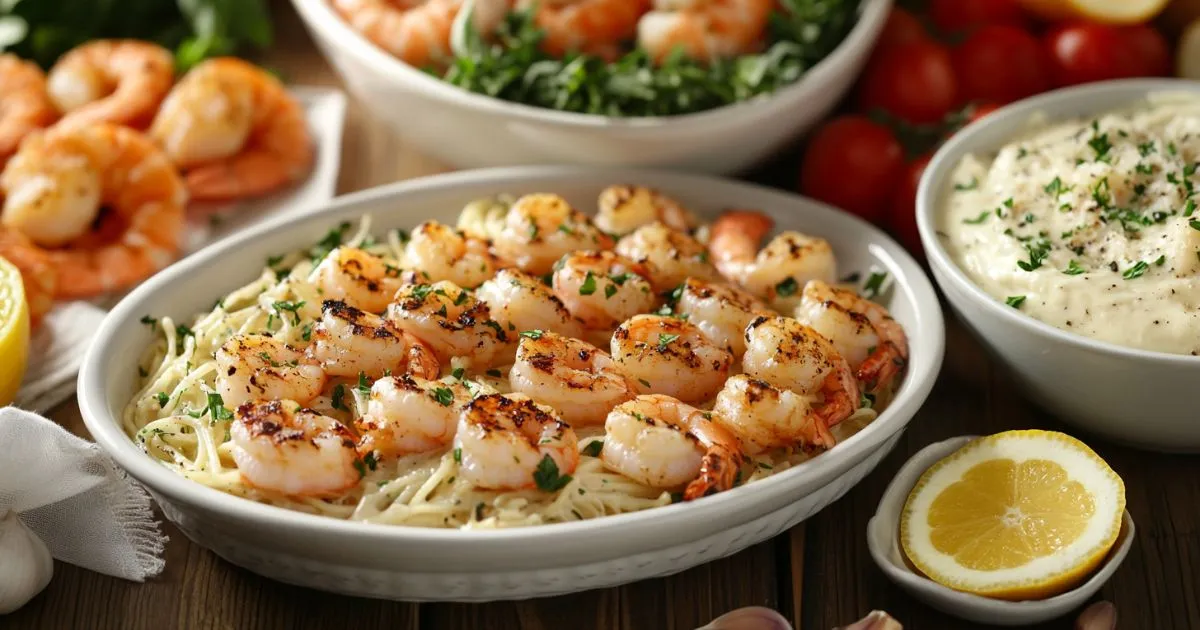 A beautifully plated shrimp dish with lemon wedges, fresh herbs, and a glass of white wine, showcasing ideal shrimp pairings.