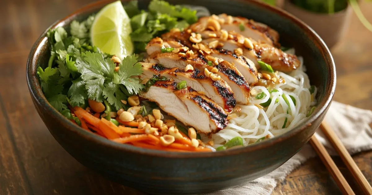 A vibrant bowl of chicken and rice noodle soup garnished with fresh herbs, lime wedges, and bean sprouts, showcasing aromatic broth and tender chicken pieces.