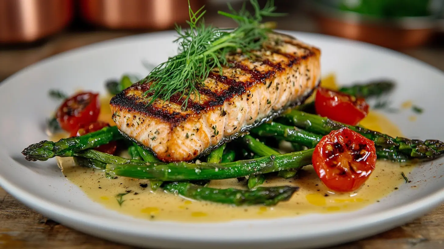 Crispy pan-seared salmon with asparagus, garnished with dill and lemon oil on a white plate.