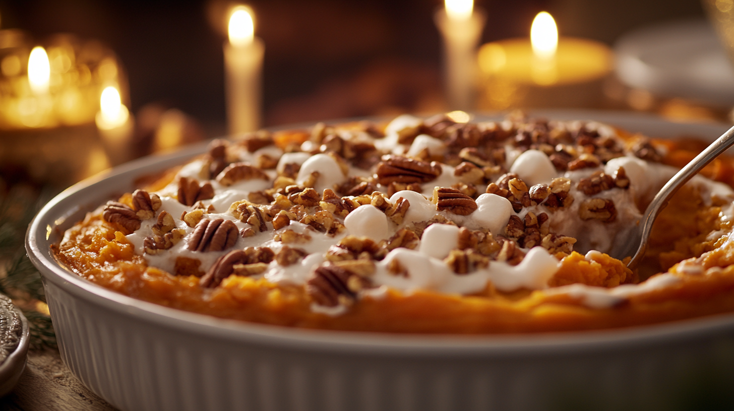 Baked old fashioned sweet potato casserole topped with marshmallows and pecans